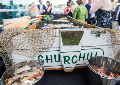 Row boat raw bar at a Churchill Events wedding at Ocean Gateway in Portland Maine. Photo by Peter Greeno Photography